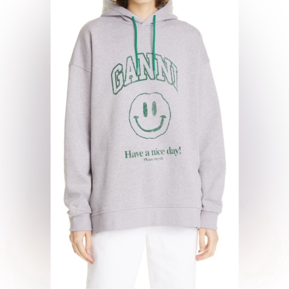 GANNI Light Gray Hoodie with Green Smiley